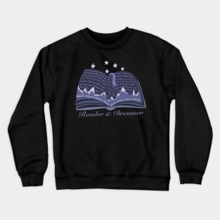 Reader and dreamer dark blue book design with mountains and night sky panorama Crewneck Sweatshirt